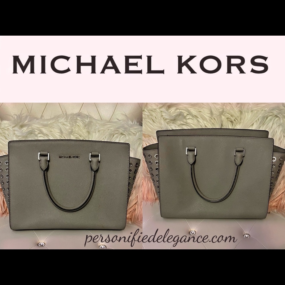 Michael Kors Selma Gray Leather Silver Grommet Medium Handbag